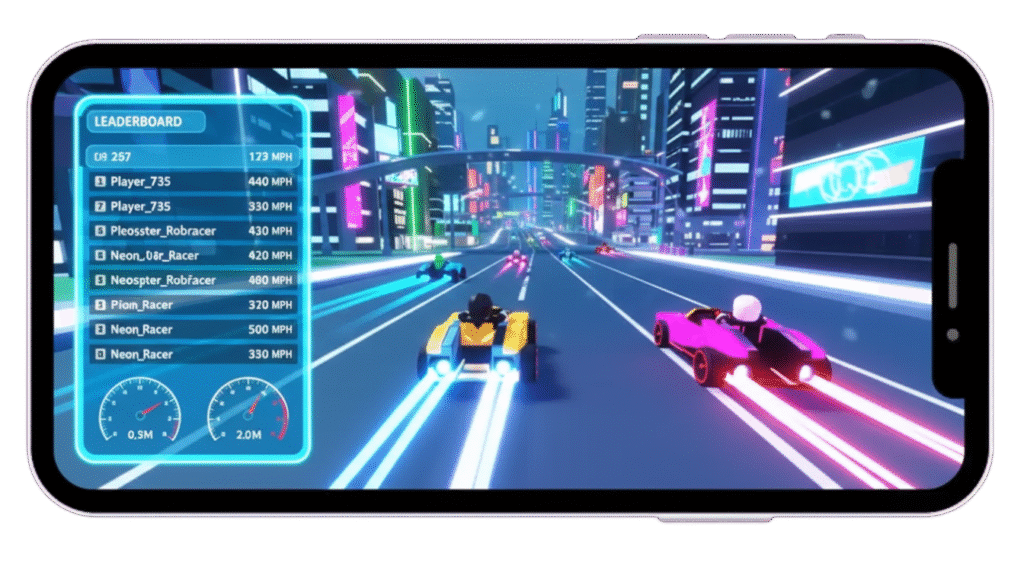 Roblox Mod APK racing game on Android, showing a leaderboard with high speeds from Roblox Mod menu APK. Get the Roblox Mod APK latest version download.