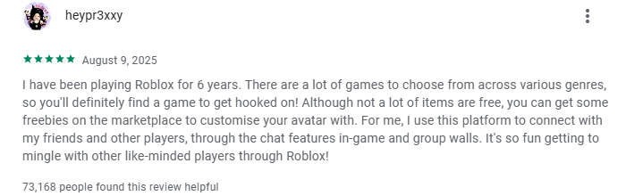 A 5-star user review for Roblox mentioning that not many items are free, highlighting the appeal of the Roblox Mod APK and free Roblox Mod APK for users seeking unlocked content.
