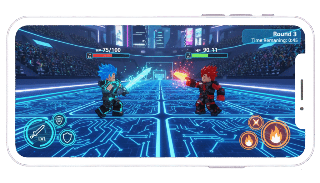 Roblox combat game screenshot showing two fighters, one with a glowing sword. Use the Roblox hack APK to get Roblox premium unlocked and enhanced power.