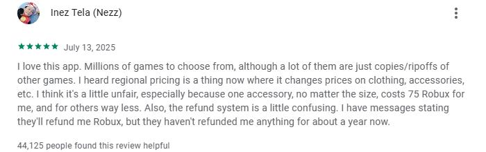 A critical 5-star review of Roblox mentioning high costs, unfair Robux regional pricing, and refund issues, emphasizing why users seek the Roblox Mod APK unlimited Robux download.