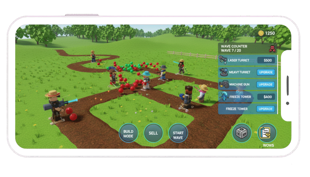Roblox Mod APK tower defense game showing turrets shooting enemies on a winding path. Experience free Roblox Mod APK for enhanced gameplay with Roblox Mod APK unlimited Robux.