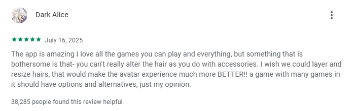 A 5-star user review of Roblox complaining about limited avatar customization options like hair, encouraging users to find the Roblox Mod APK for premium unlocked features.