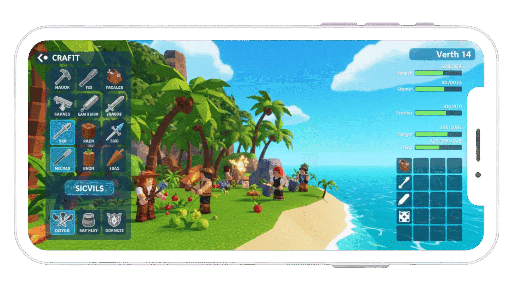 Roblox Mod APK download screenshot of a survival and crafting game on a beach. Find the Roblox Mod menu script for Roblox premium unlocked and easy crafting.