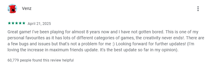 A 5-star user review of Roblox mentioning eight years of play, the variety of games, and a few bugs, suggesting an easier experience with the Roblox Mod APK download and the latest version.