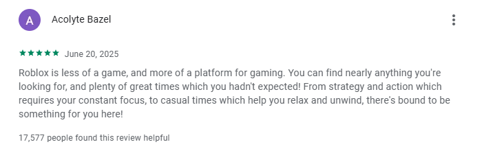 A highly positive 5-star user review describing Roblox as a diverse gaming platform with many genres, all of which are enhanced by the Roblox Mod APK for better gameplay.