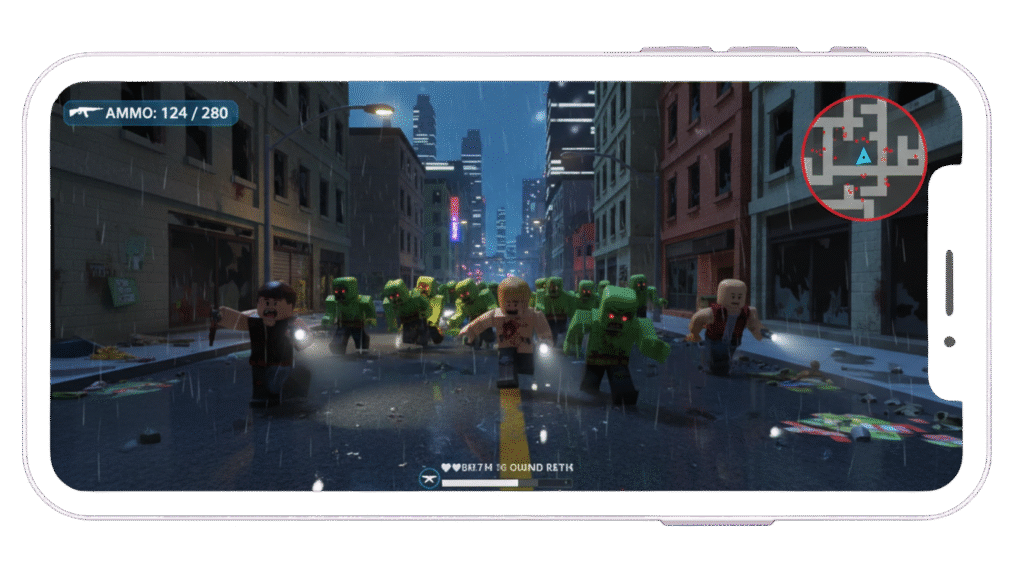 Intense Roblox Mod APK zombie game on a rainy city street. Get the Roblox Mod menu script for unlimited ammo and a no ban experience. Try the Roblox hack APK now.