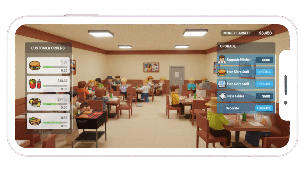 Roblox Mod APK restaurant tycoon game showing a busy diner and upgrade menu. Download the Roblox Mod APK latest version on Android for fast upgrades and easy money.