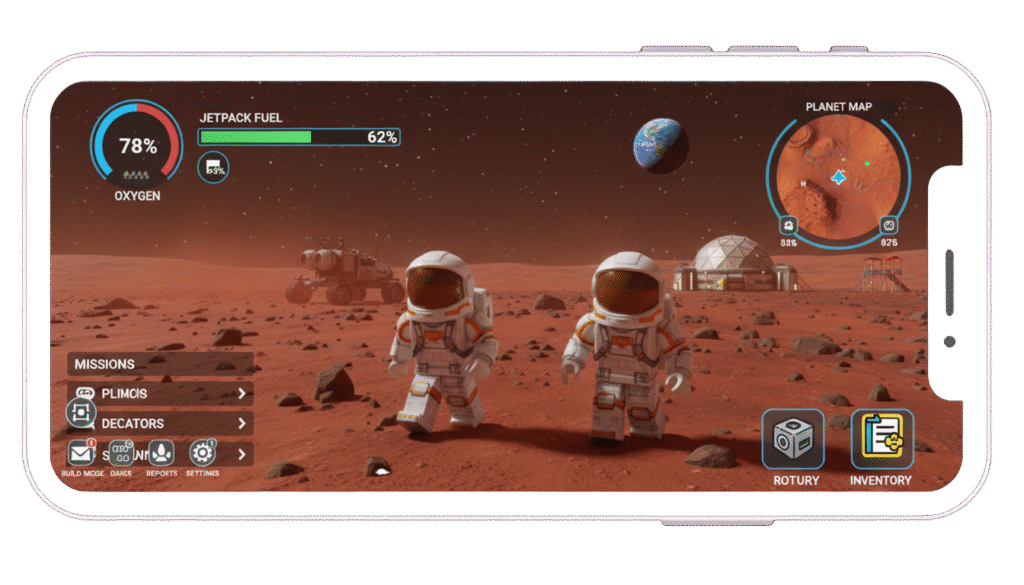 Roblox Mod APK space exploration game showing two astronauts on Mars. Features like high oxygen and full jetpack fuel are common in the Roblox Mod APK experience.