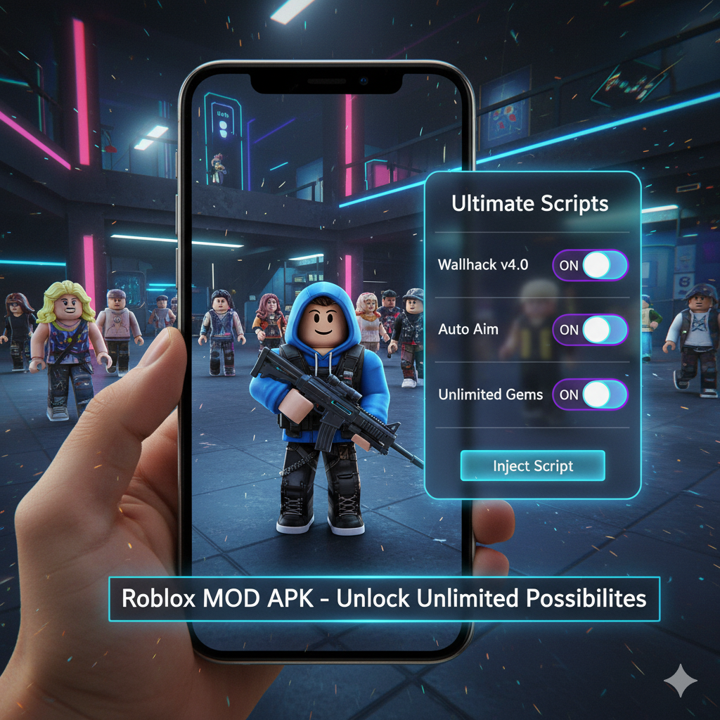 Roblox Mod APK menu showing wallhack auto aim and unlimited gems