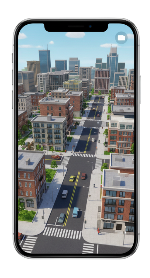 A high-resolution image of a 3D city scene from a Roblox game for iOS devices, displayed full-screen on an iPhone. This showcases the graphics quality of the Roblox mobile version.
