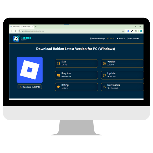 A computer monitor displays a download page for the Roblox latest version on a dark-themed website. The prominent headline reads "Download Roblox Latest Version for PC (Windows)." Key details like file size, version number, update date, rating, and total downloads are displayed, making it clear this page facilitates the installation of Roblox for PC on Windows operating systems.