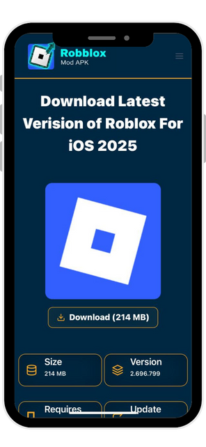 A dark-themed webpage on an iPhone showing a large Roblox logo, a 'Download Latest Version of Roblox For iOS' title, and a download button. This is used to guide users for the Roblox iOS free download.