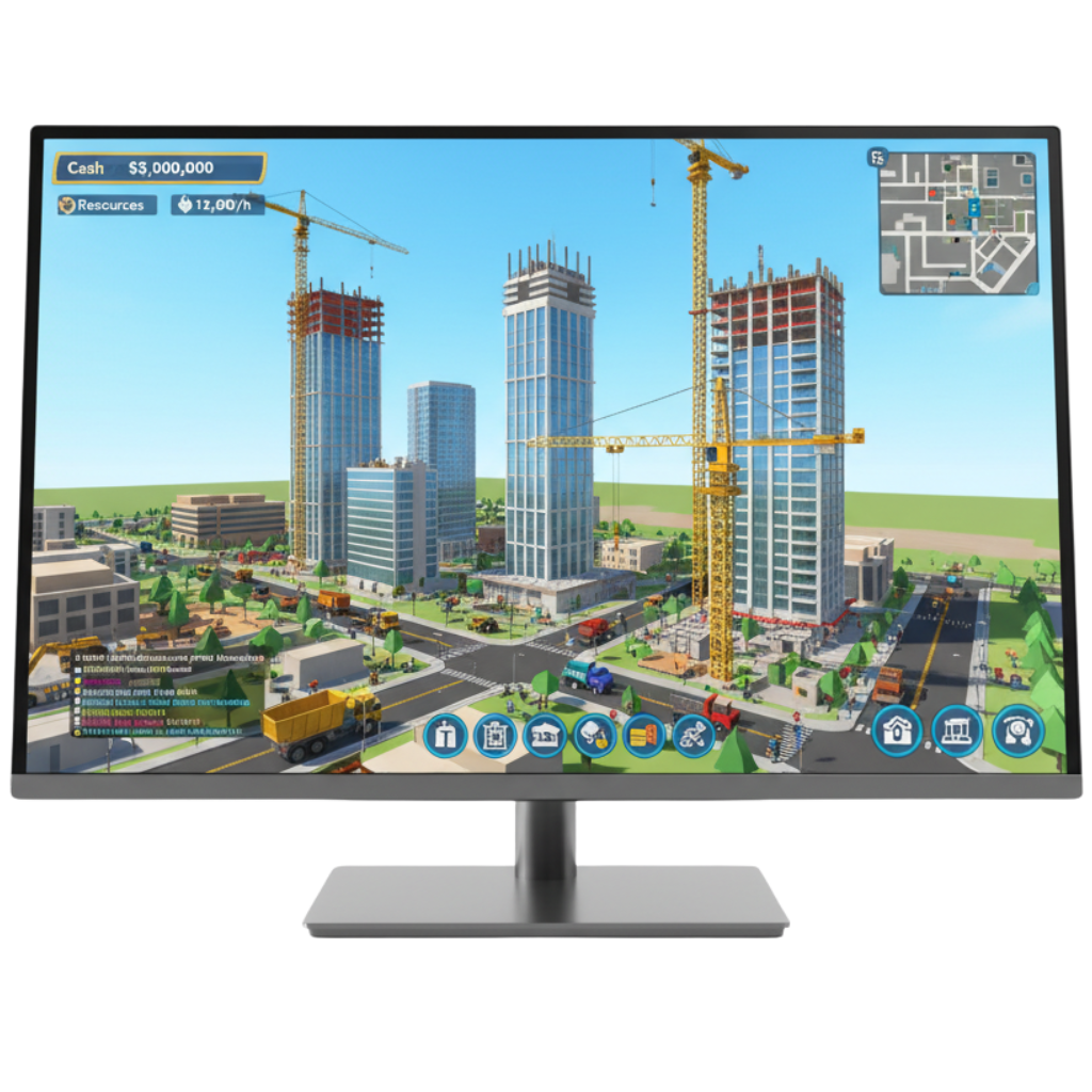 A video game screen on a desktop monitor showing a cartoon-style 3D city under construction. Two tall skyscrapers with cranes on top dominate the scene, and the street below is busy with construction vehicles. The game's UI in the top left corner shows 'Cash' at $\$3,000,000$.