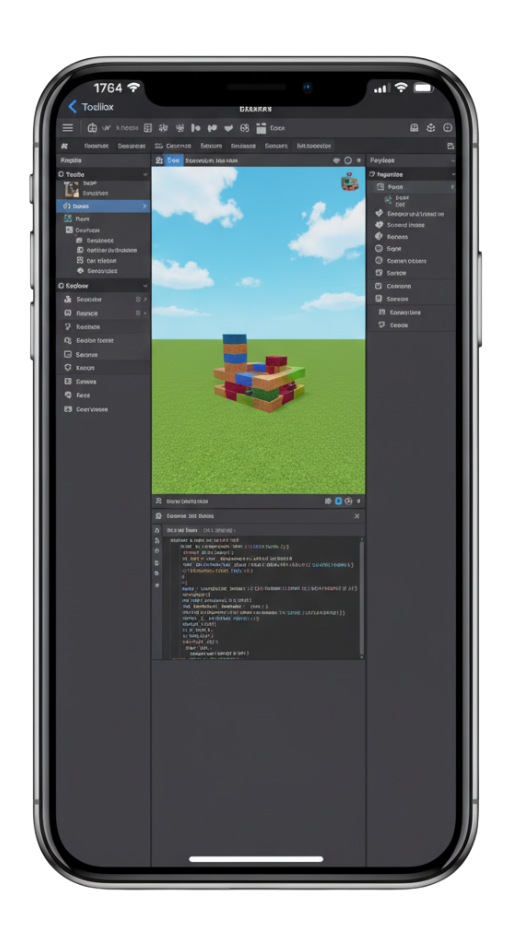 An iPhone displaying the Roblox app for iOS in a development or building mode, showing the game editor interface with a block model and scripting code on the screen.