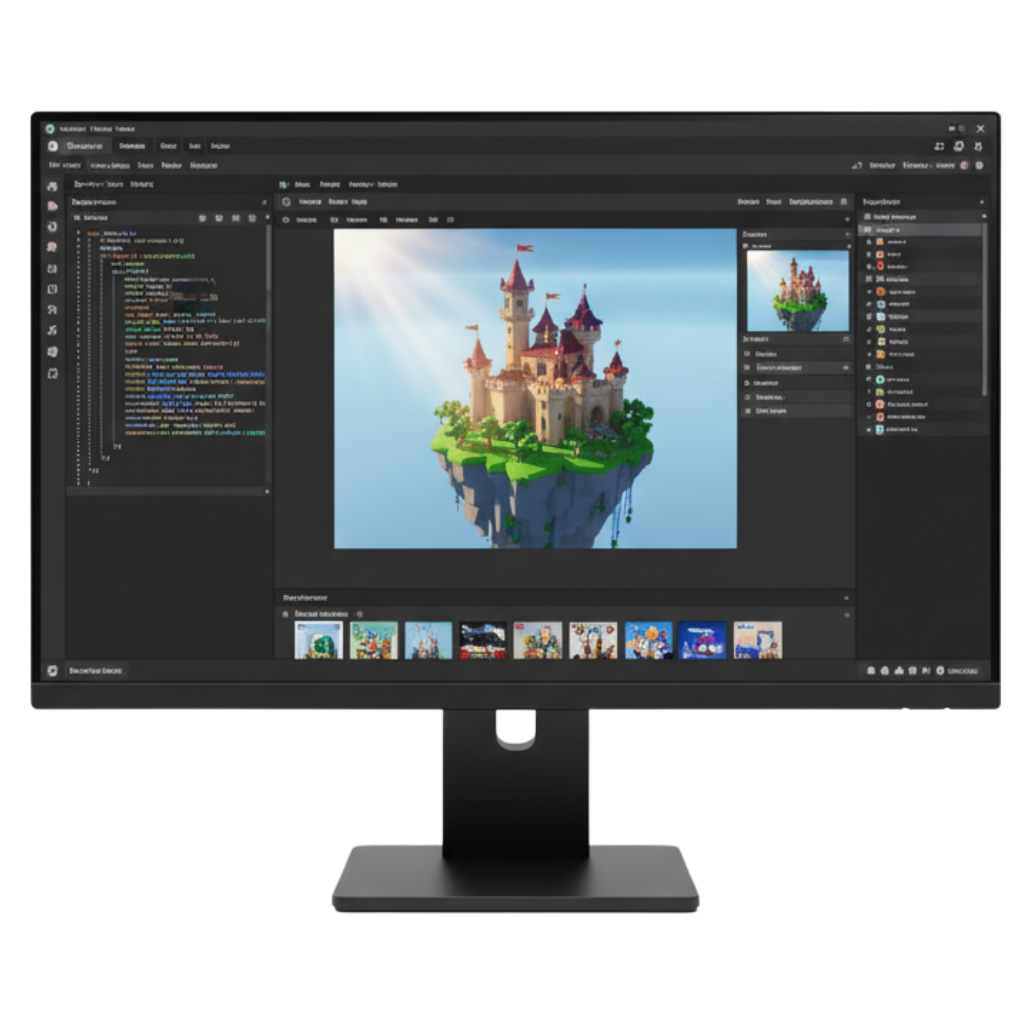 A desktop monitor displays the Roblox Studio for PC interface, showing a game development environment. The central panel features a detailed 3D model of a fantastical castle floating on an island in the sky, illuminated by sunrays. Code or properties panels are visible on the left, and asset libraries are at the bottom, highlighting the tools available for creating immersive experiences on the Roblox for Windows platform.