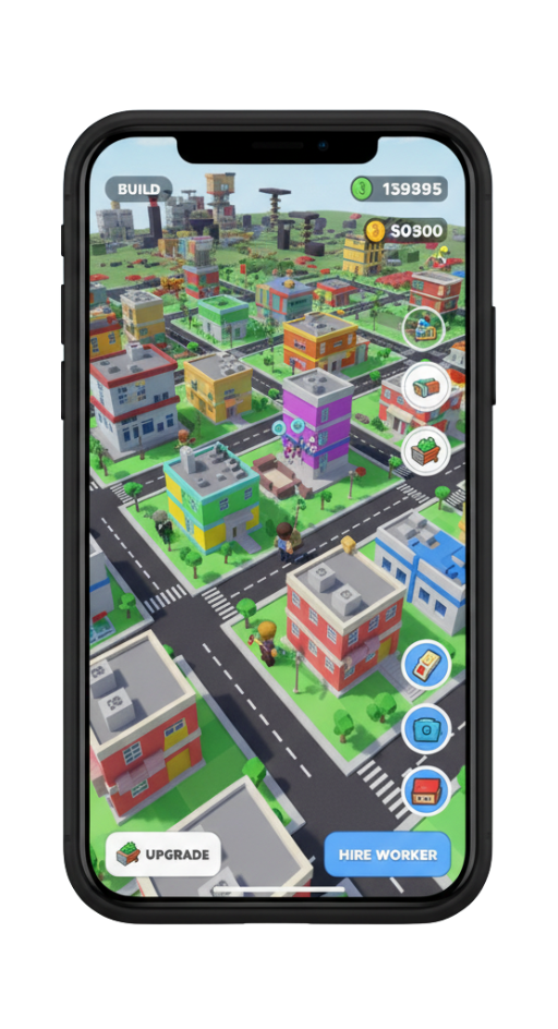 A mobile city-building game from Roblox for iOS, showing colorful buildings and on-screen controls like 'Upgrade' and 'Hire Worker' on an iPhone. Perfect for a Roblox download for iPhone guide.