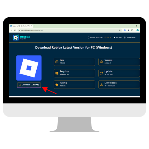 A computer monitor displays a download page for the Roblox latest version on a dark-themed website, identical to the previous image, but with a prominent red arrow pointing directly at the "Download (1.73 MB)" button. The page's headline reads "Download Roblox Latest Version for PC (Windows)," highlighting the action for users to install Roblox for PC on their Windows systems.