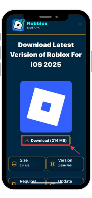 A black iPhone displaying the Roblox download for iPhone page with a red arrow pointing directly to the 'Download (214 MB)' button to initiate the Roblox iOS free download.