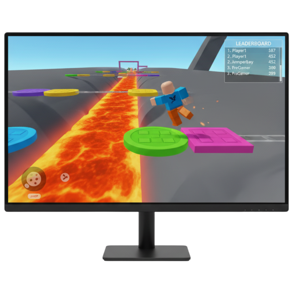 A desktop monitor displays a Roblox lava obby game. A blocky player character in a blue shirt and orange pants is mid-air, attempting to jump across colorful platforms—green, purple, yellow, and blue—over a flowing river of bright orange lava. A 'Leaderboard' is visible in the top right corner, showing player scores. The gameplay shows a challenging parkour level.