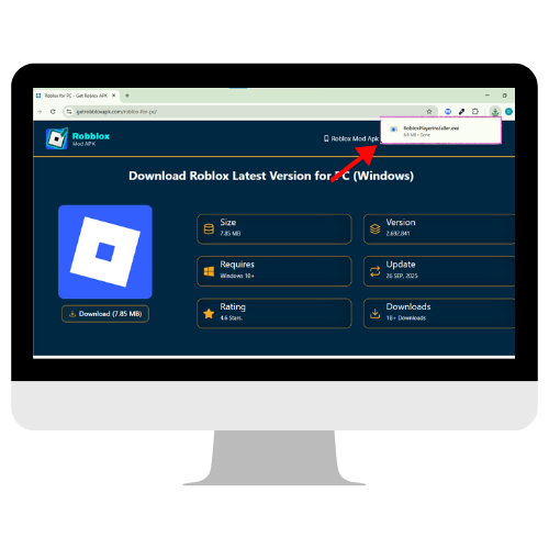 A computer monitor displays a dark-themed download page for Roblox latest version on PC. A prominent red arrow points to the top right corner of the screen, where the downloaded installer file, named "RobloxPlayerInstaller.exe," is highlighted as a completed download within the browser window. The page below advertises the "Download Roblox Latest Version for PC (**Windows**)," confirming a successful download of the Roblox for PC installer.