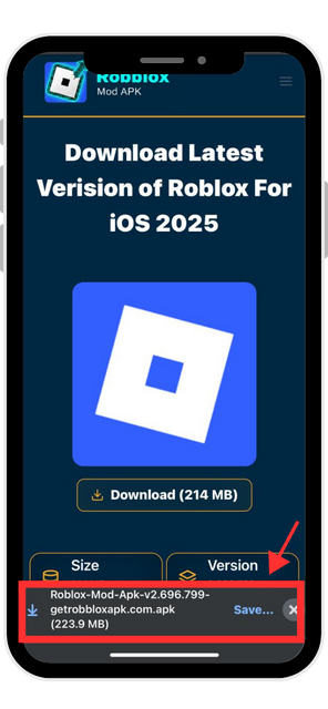 An iPhone screen displaying a download notification for the Roblox iOS update file at the bottom, with a red box and arrow highlighting the 'Save...' prompt for the file.