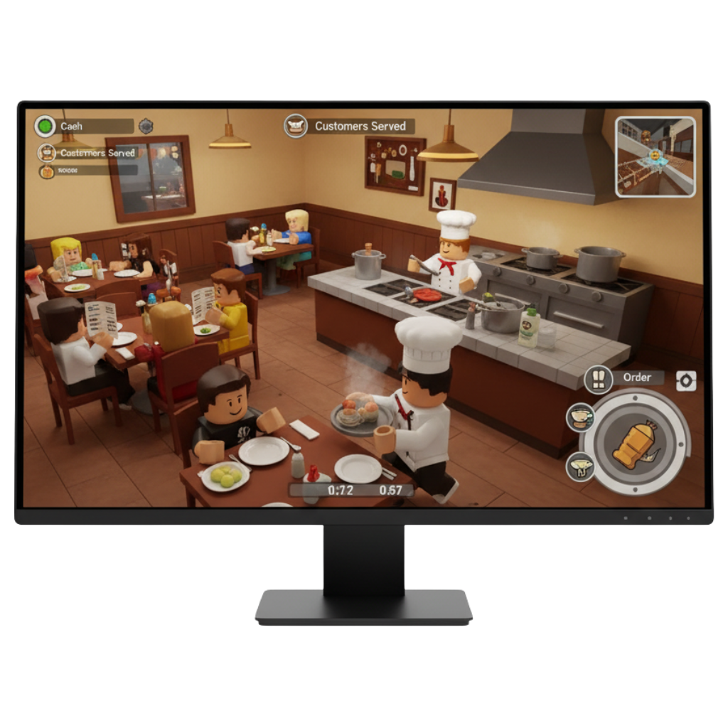 A desktop monitor displays a Roblox cooking game or restaurant tycoon experience. The interior of a busy, wooden-themed restaurant is shown, with several blocky-style customers seated at tables reading menus. Two chefs in white hats are working: one is cooking at a large stove, and the other is delivering a finished meal to a customer. Game UI elements show a 'Customers Served' tracker and an 'Order' button, emphasizing the restaurant simulator aspect.