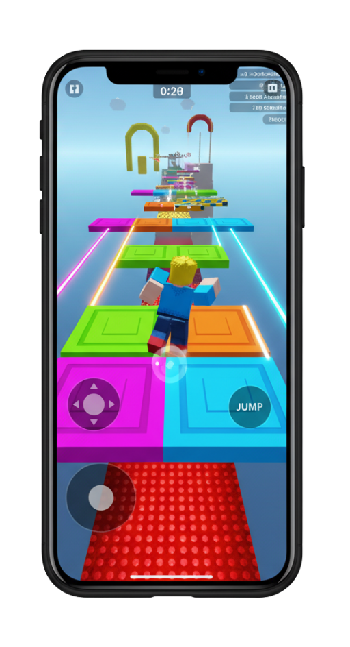 A Roblox avatar running on a colorful obstacle course (Obby) game, displayed vertically on an iPhone screen, illustrating how to play Roblox on iPhone using the mobile controls.