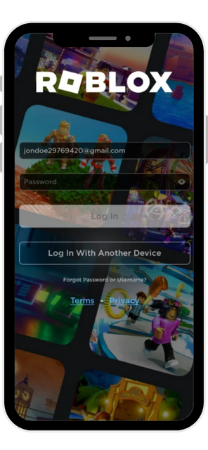 The sign-in screen for the Roblox app for iOS on an iPhone, showing fields for email and password, set against a background of various Roblox games.