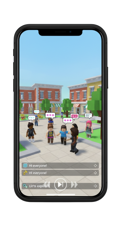 Multiple Roblox avatars socializing in a town environment, with chat bubbles visible on the screen. This demonstrates the social interaction within the Roblox app for iOS on an iPhone.