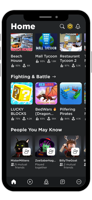 The Roblox for iOS Home screen on an iPhone, showcasing various games like 'Mall Tycoon' and 'BedWars,' along with friend suggestions, ready for the user to play Roblox on iPhone.