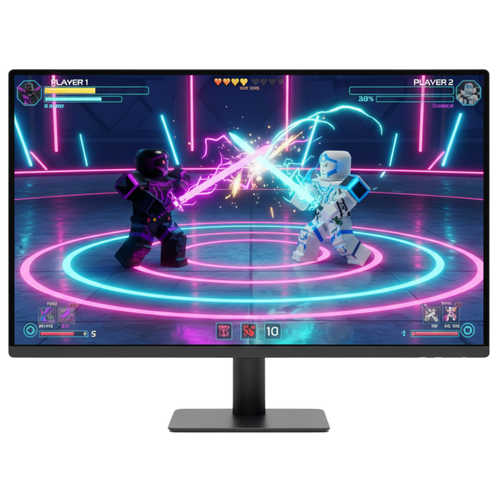 A desktop monitor displays a futuristic, neon-lit fighting game, characteristic of popular Roblox latest version combat experiences. Two blocky characters—one in black and purple, the other in white and blue—are locked in combat, clashing electric swords that create bright, energetic effects. The health bars and a score of '10' are visible in the user interface, showing intense combat gameplay on a Roblox for Windows setup.