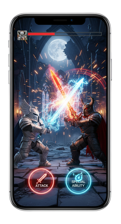A dramatic fantasy battle game on an iPhone, showing two armored characters clashing swords. This image highlights a combat-focused Roblox game for iOS devices and its touch controls.