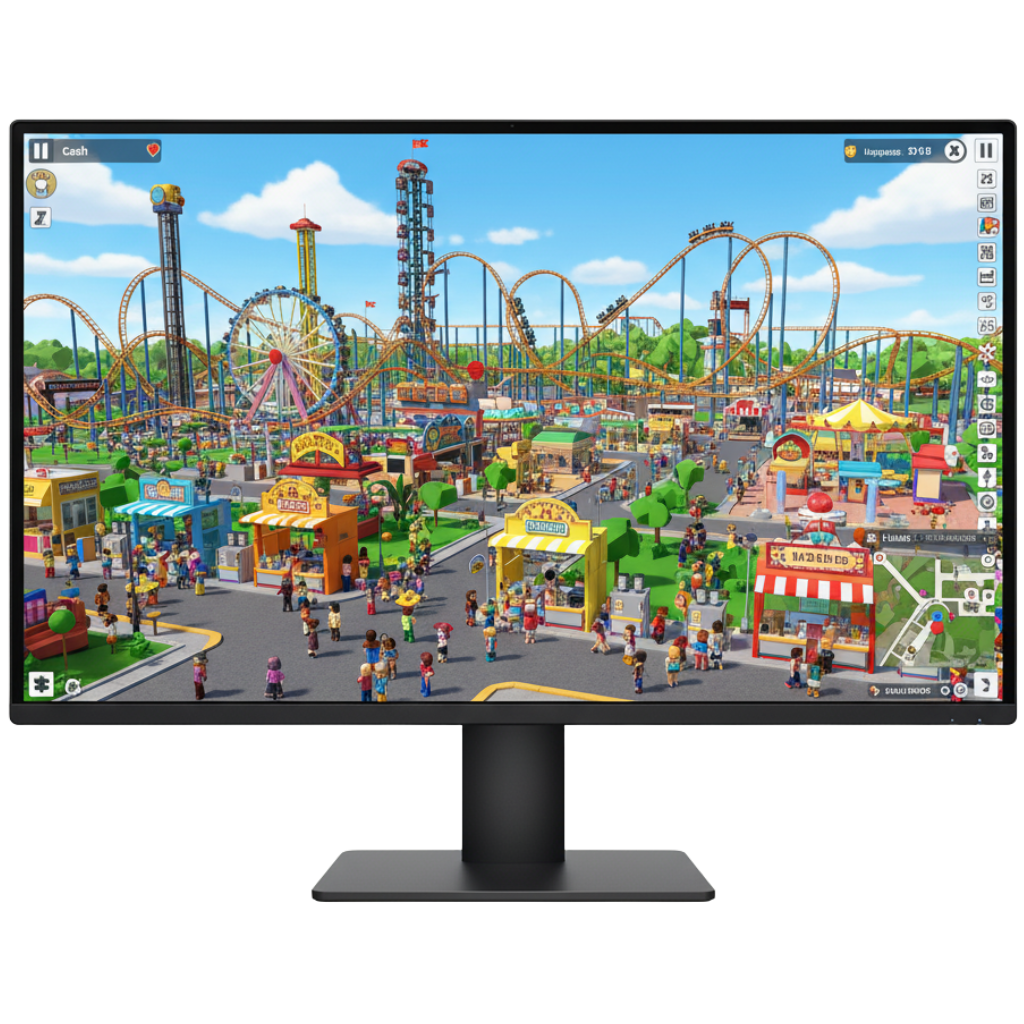 A desktop monitor displays a colorful, bustling theme park simulation game, indicative of games available on Roblox for PC. The park is filled with numerous attractions including roller coasters, a Ferris wheel, carnival stalls, and many small, block-style characters (avatars) walking around. The user interface elements from the game are visible, suggesting an immersive park management experience on the platform.