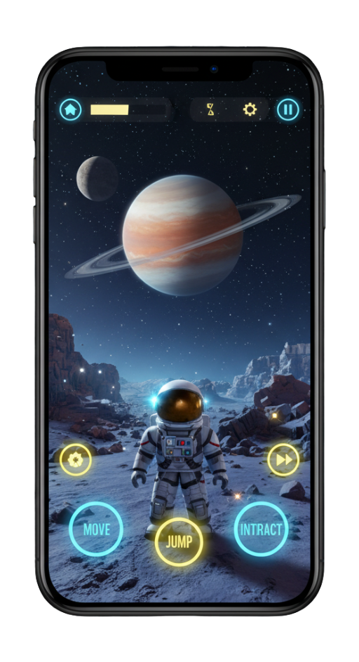 A space exploration game on Roblox for iOS, featuring an astronaut on a rocky planet surface with Saturn and a moon in the background. The mobile control buttons are clearly visible.
