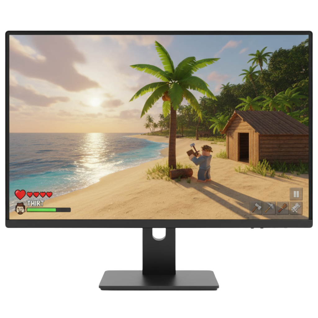 A desktop monitor displays a Roblox for PC survival or crafting game set on a beautiful tropical island. A blocky player character is shown on a sandy beach, chopping wood from a fallen tree near a palm tree and a small wooden shack. The ocean is visible in the background with a vibrant sunset, and a health bar and inventory slots are part of the game's user interface, indicating immersive survival gameplay for Roblox for Windows players.