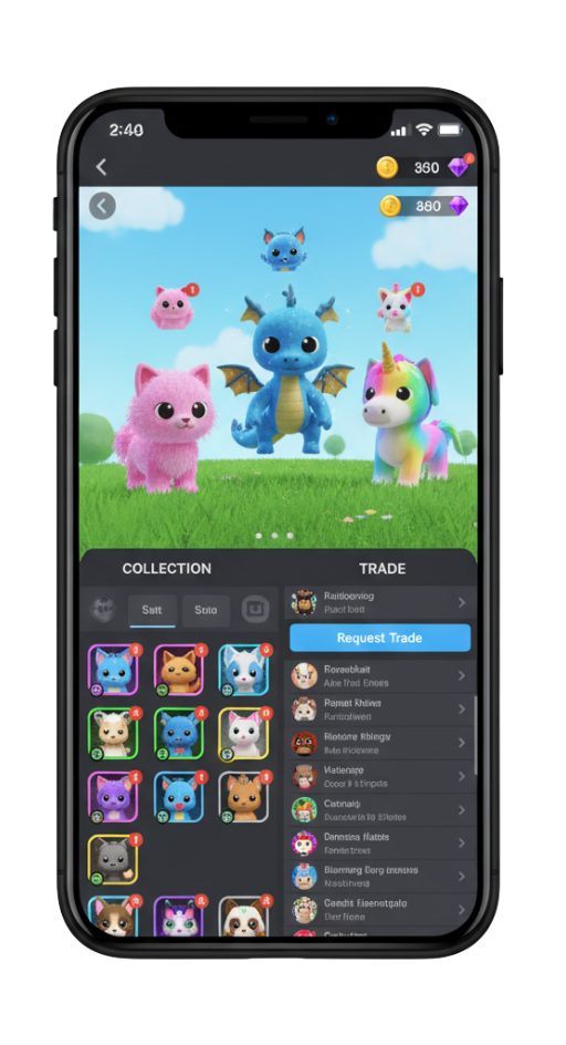 A pet collection and trading game on an iPhone, showcasing cute, colorful creatures like a dragon and a unicorn. This highlights a popular type of Roblox mobile iOS download experience.