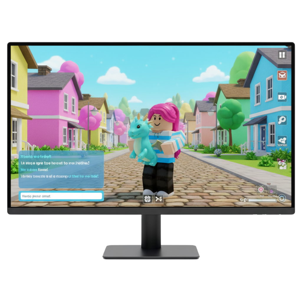 A desktop monitor displays a Roblox for PC role-playing or social game set in a brightly colored, stylized suburban neighborhood. A female blocky character with pink hair is centered in the foreground, holding a small blue dragon pet. Colorful houses line the street behind her, and a chat interface is visible on the left side of the screen, indicating interactive gameplay for Roblox for Windows users.