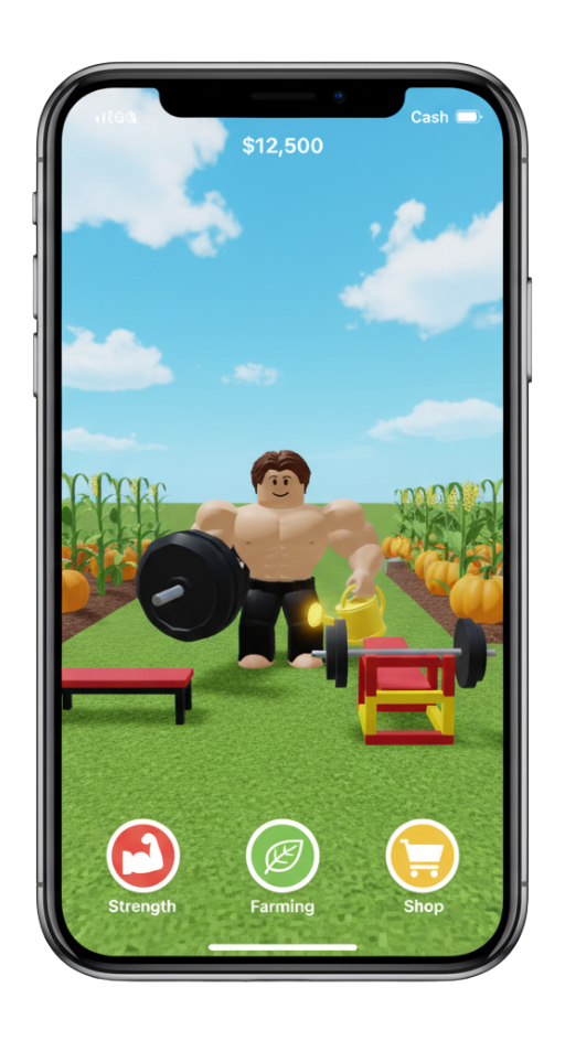 A Roblox farming and weightlifting simulator game on an iPhone. An avatar is shown watering a barbell in a pumpkin and corn field, illustrating a popular Roblox mobile version experience.