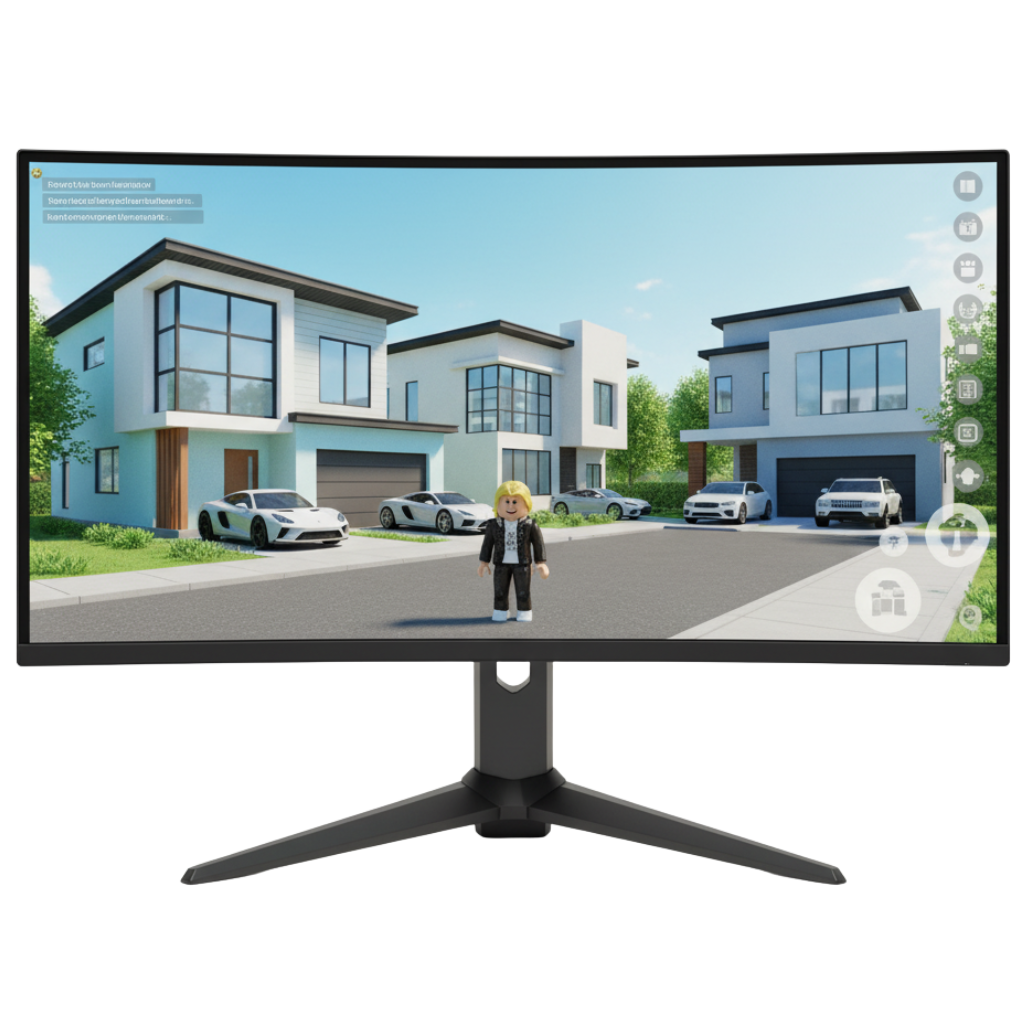A desktop monitor displays a Roblox for PC life simulation or role-playing game featuring a modern, affluent suburban street. A blocky character with blonde hair and a suit stands in the foreground, facing three contemporary houses with attached garages and luxury sports cars parked outside. The clean, minimalist aesthetic of the Roblox for Windows environment is prominent, suggesting a focus on virtual lifestyle and social interaction gameplay for players.