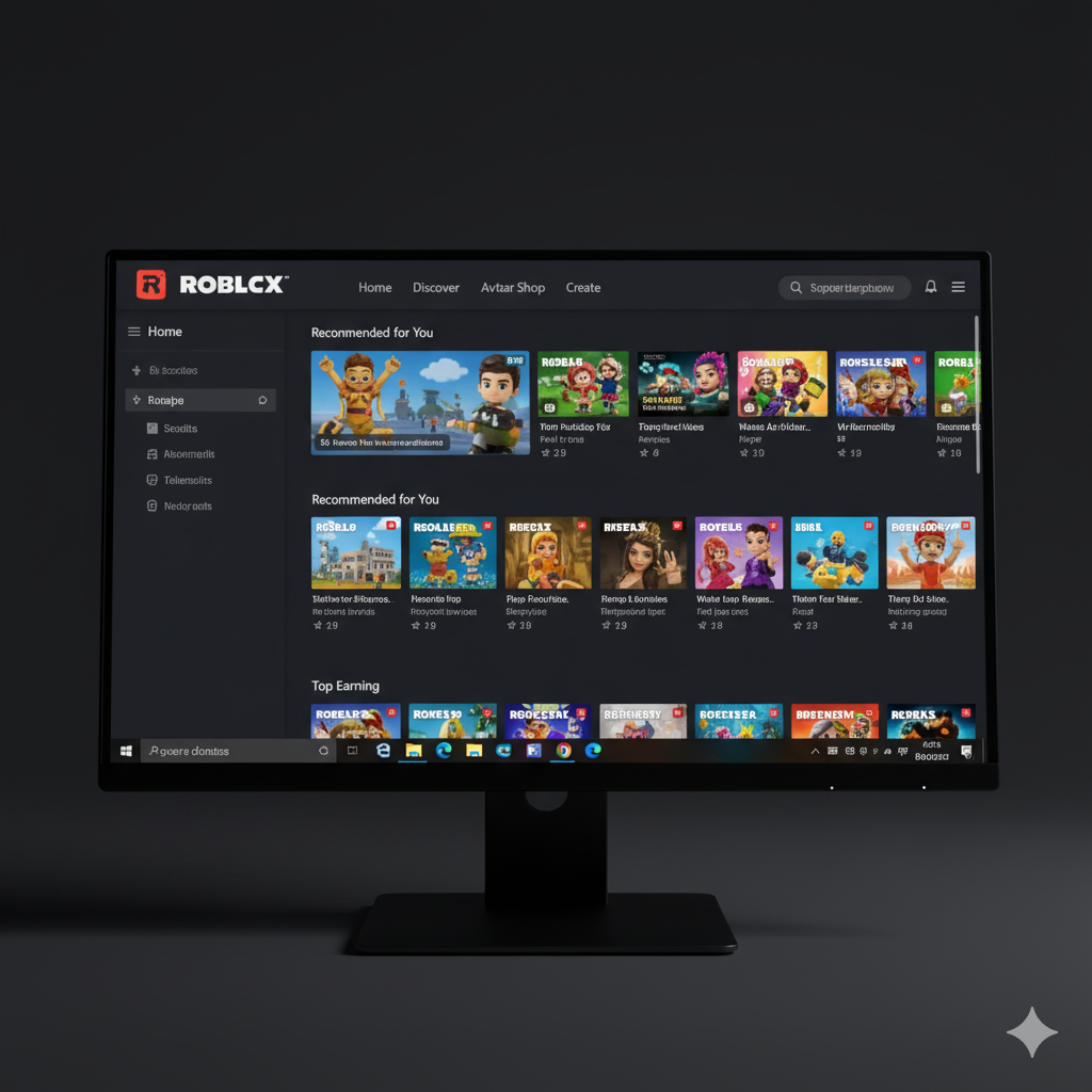 A black Dell desktop monitor centered against a dark background, clearly displaying the Roblox latest version application for Windows. The dark-themed interface shows the Roblox home screen with 'Recommended for You' and 'Top Earning' sections filled with colorful game tiles. The image highlights the official Roblox for PC app environment.