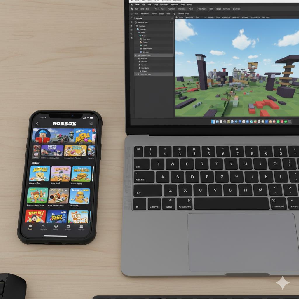 A black iPhone displaying the Roblox app home screen with various games, placed next to a laptop showing a 3D Roblox environment. This image demonstrates playing Roblox for iOS devices.
